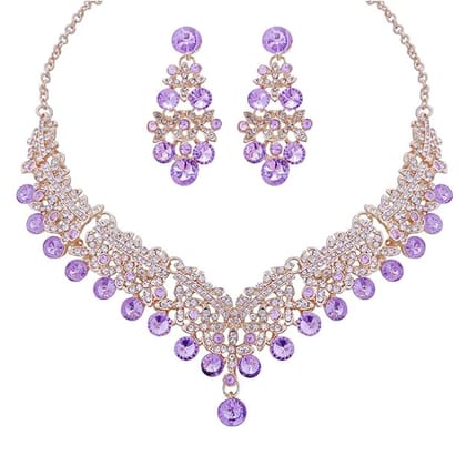 Elegant Gold Plated Purple Rhinestone Necklace & Chandelier Earrings Set Elegant Gold Plated Purple Rhinestone Necklace & Chandelier Earrings Set