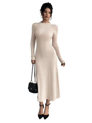 Elegant Rib-Knit Long Sleeve Midi Dress with High Neckline Elegant Rib-Knit Long Sleeve Midi Dress with High Neckline