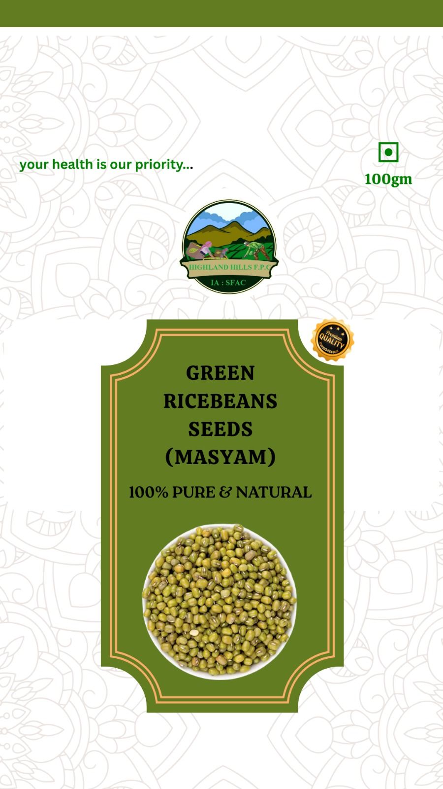Highland Hills F.P.C. 100% Pure & Natural Green Ricebeans Seeds (Masyam), 100gm