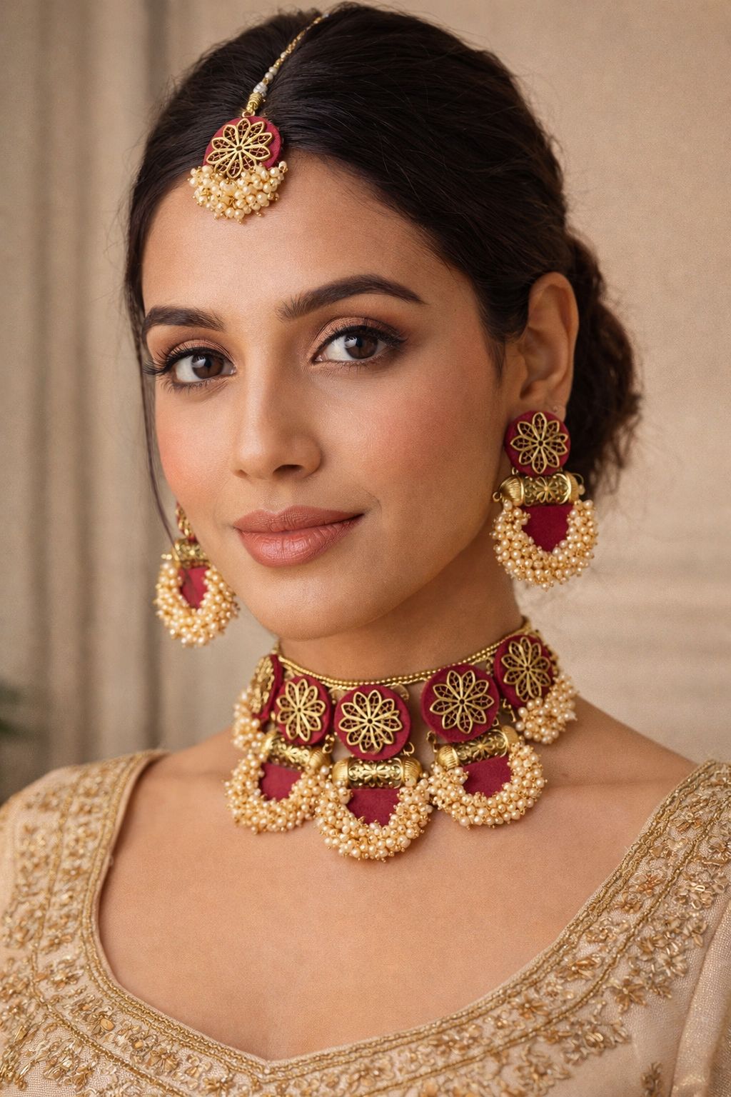 Maroon Gold Beaded Choker Necklace Set with Earrings & Maang Tikka
