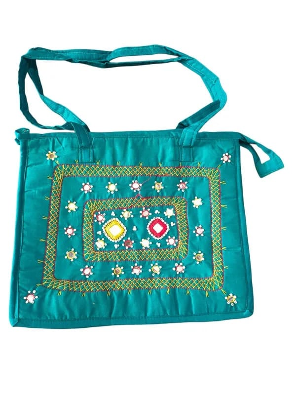 Green Hand Embroidered Mirror Work Tote Bag with Adjustable Strap