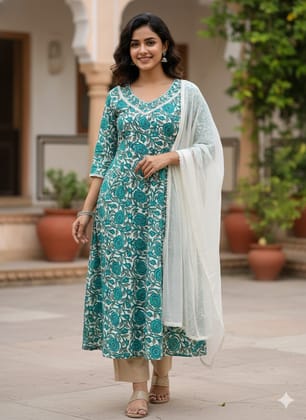 Women's Turquoise & White Printed Cotton Kurta with Trousers & Dupatta Women's Turquoise & White Printed Cotton Kurta with Trousers & Dupatta