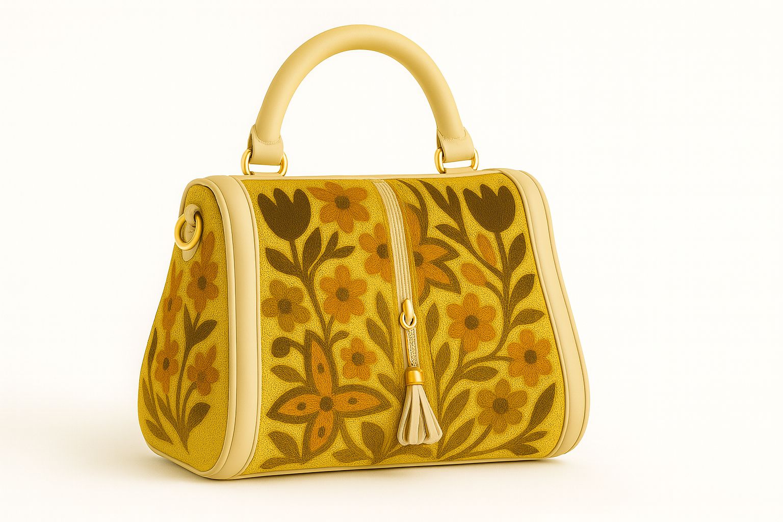 Floral Embroidered Yellow Handbag with Cream Handle