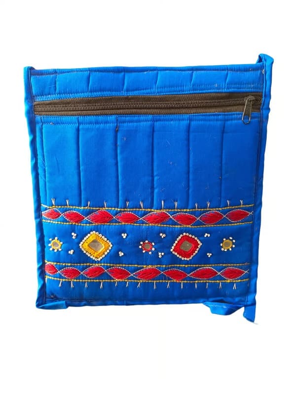 Blue Hand Embroidered Cotton Sling Bag with Mirror Work and Adjustable Strap