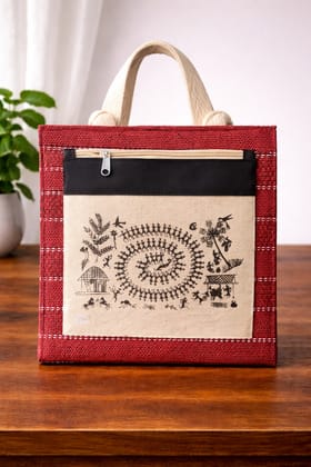 Warli Art Printed Maroon Jute Handbag with Front Zipper Pocket Warli Art Printed Maroon Jute Handbag with Front Zipper Pocket