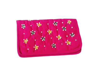Pink Hand Embroidered Clutch with Mirror Work