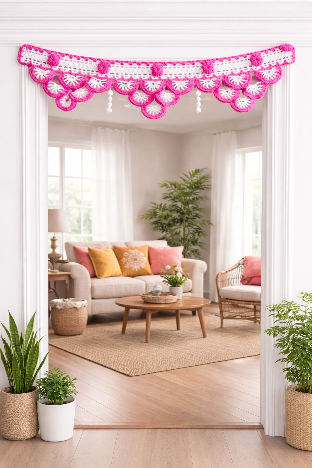 Handmade Pink and White Crochet Toran for Door Decoration