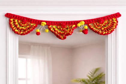 Vibrant Red & Yellow Crocheted Toran with Pom-Pom and Bead Embellishments Vibrant Red & Yellow Crocheted Toran with Pom-Pom and Bead Embellishments