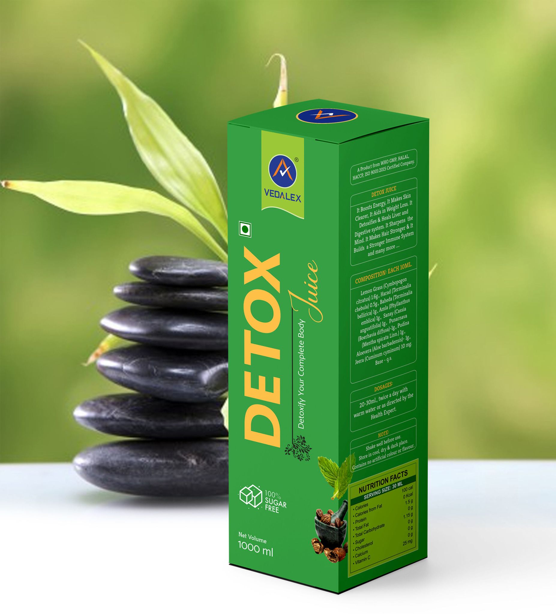 Vedalex Detox Juice Sugar-Free 1000 ml | Ayurvedic Herbal Kwath with Lemongrass, Amla, Harad, Bahera & Aloe Vera | Daily Detox, Digestion & Wellness Support Drink