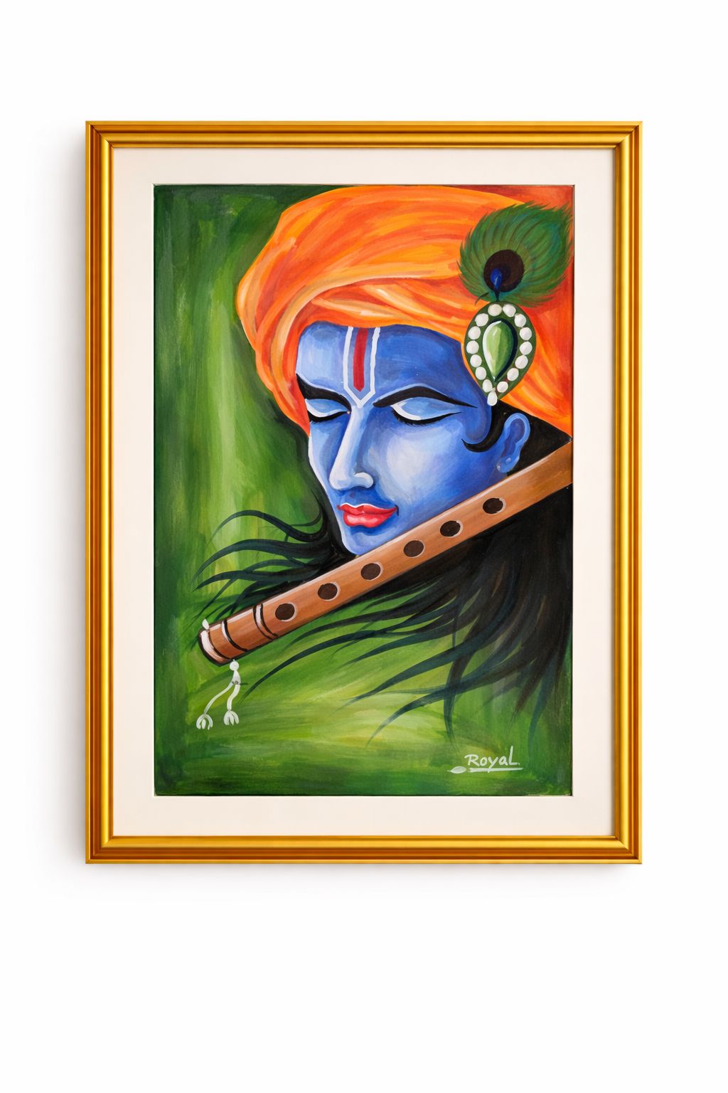 Vibrant Lord Krishna Painting with Flute and Peacock Feather