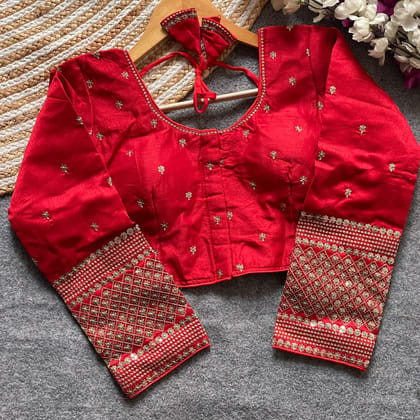 Red Art Silk Blouse with Golden Embroidery and Sequin Work Full Sleeve Red Art Silk Blouse with Golden Embroidery and Sequin Work Full Sleeve