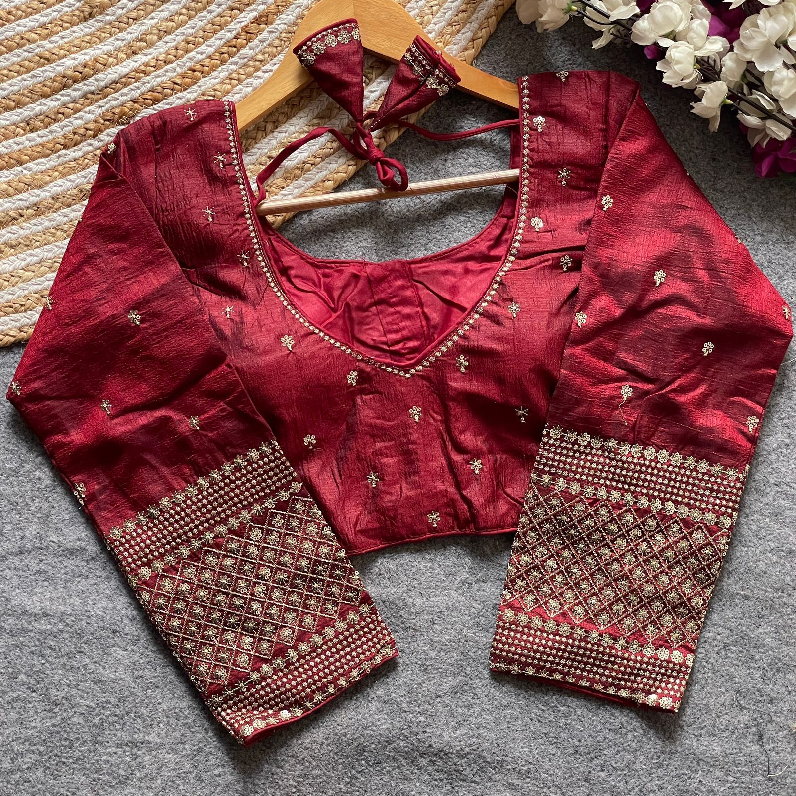 Maroon Art Silk Blouse with Golden Embroidery and Sequin Work Full Sleeve