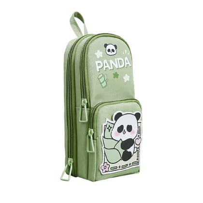 KTRS Enterprise 6 Layer with 3 Compartment Premium Canvas Pencil Pouch for School Girls and Boys, Cute Aesthetic Stationery Items Kit Case, Large Capacity Stationary Pencil Box Green Pnda