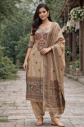 Hand-Painted Tussar Silk Suit Set with Madhubani Art Hand-Painted Tussar Silk Suit Set with Madhubani Art