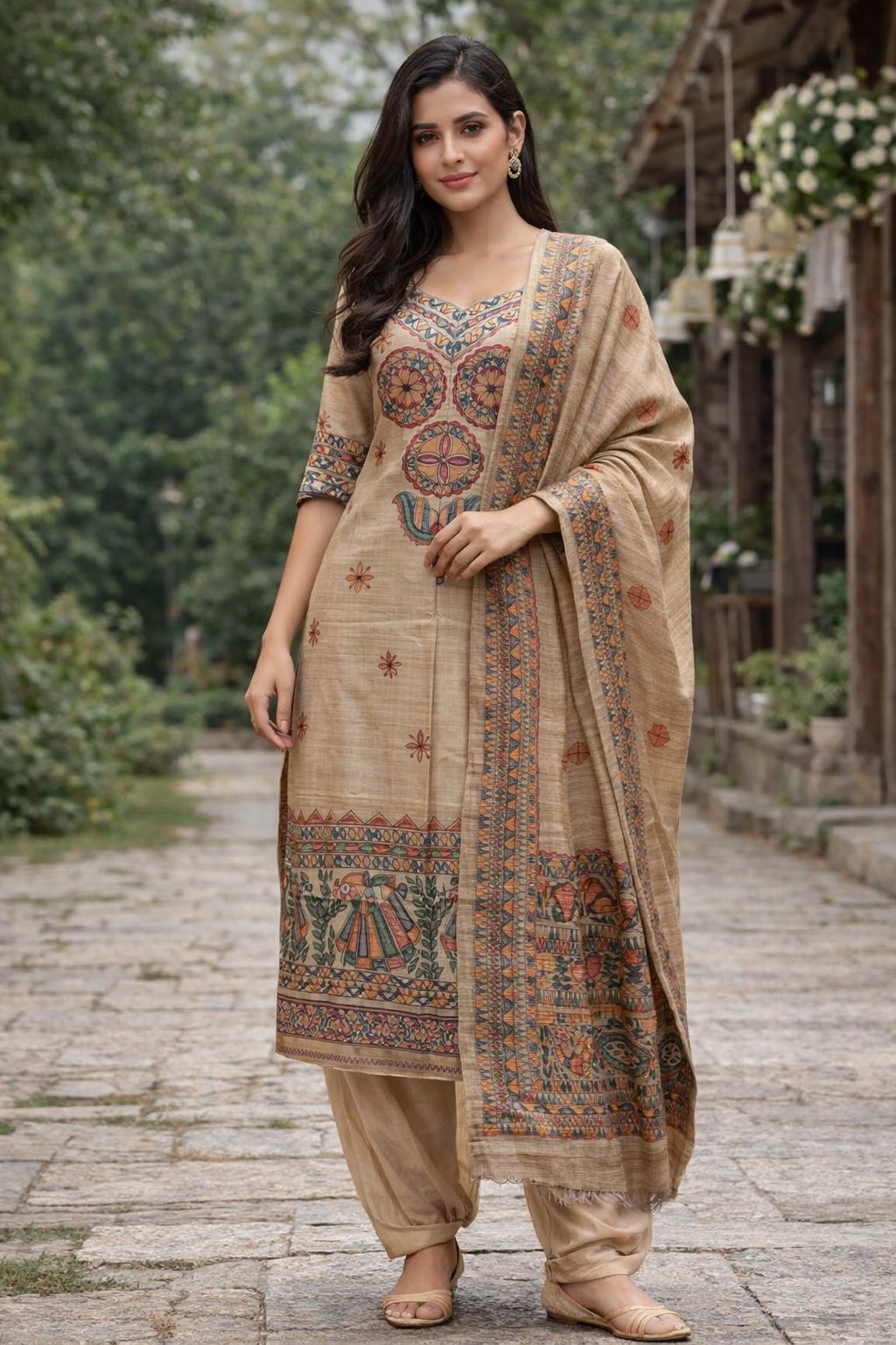 Hand-Painted Tussar Silk Suit Set with Madhubani Art