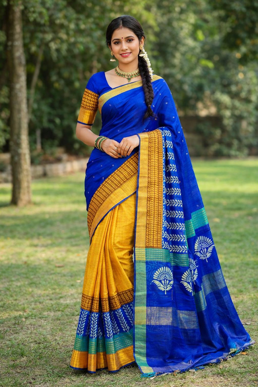 Elegant Blue & Yellow Tussar Silk Saree with Traditional Motifs