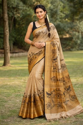 Warli Handpainted Jute Silk Saree with Traditional Motifs Warli Handpainted Jute Silk Saree with Traditional Motifs