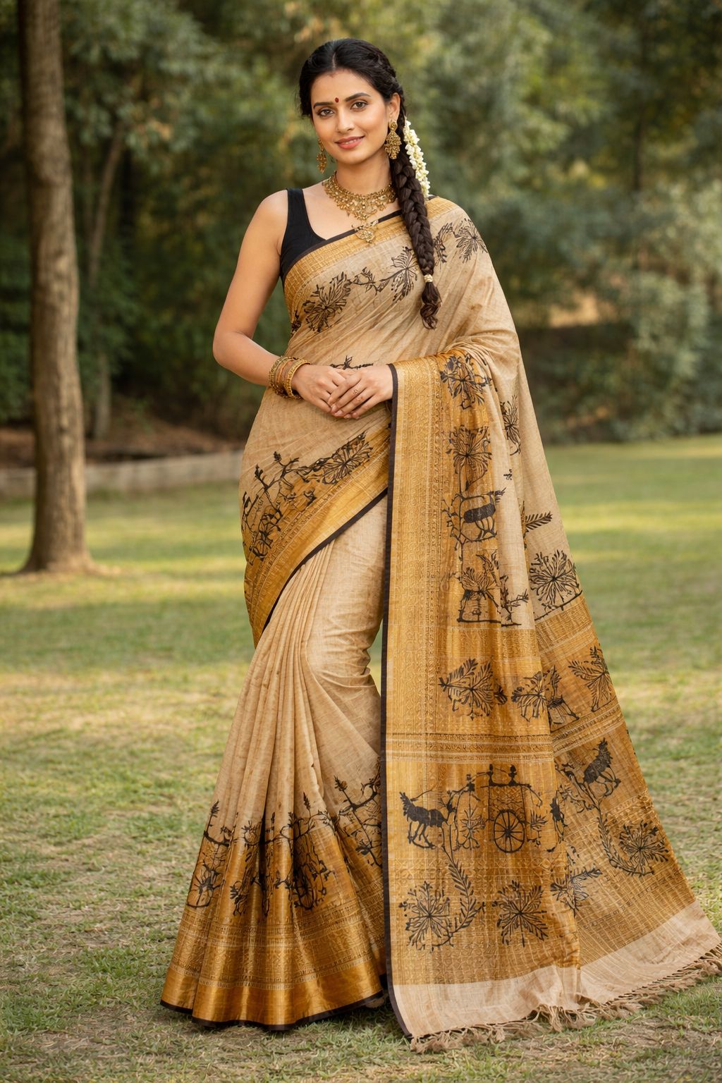 Warli Handpainted Jute Silk Saree with Traditional Motifs