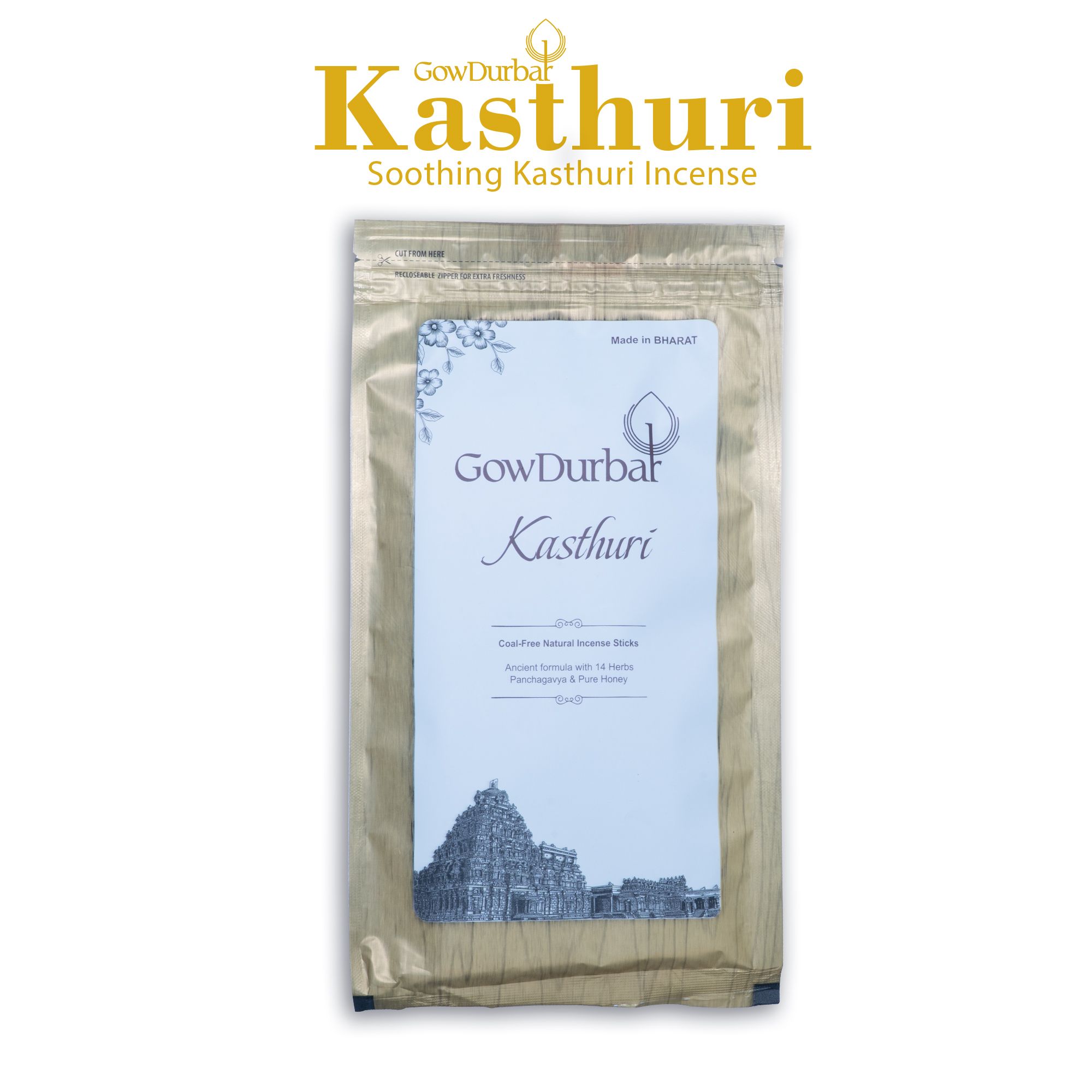 GowDurbar Zipper Agarbatti – Kasturi Oil Fragrance – 150g [Pack of 2] | 100% Organic Incense Sticks for Pooja, Yoga & Meditation | Ancient Formula for a Pure & Pleasant Environment