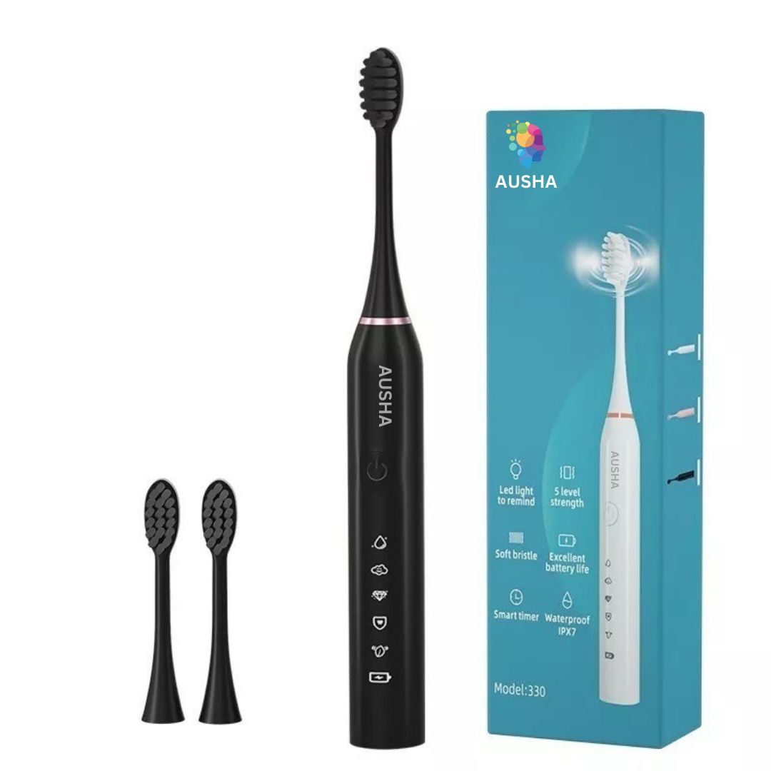 AUSHA Sonic Electric Toothbrush – Black Edition | 3 Brush Heads, 38,000 VPM Deep Clean, 5 Modes | 2-Min Timer, 60-Day Battery, USB Charging, Waterproof IPX7