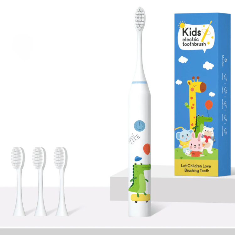 AUSHA Kids Sonic Electric Toothbrush White Crocodile, 5 Modes, 2-Min Timer, USB, IPX7, 4 Soft DuPont Heads