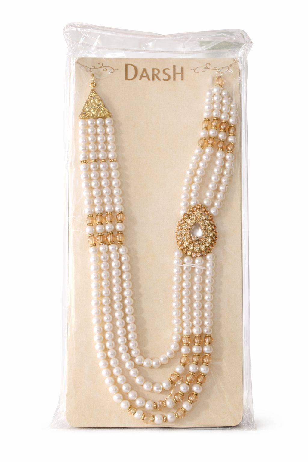 RTC Multi-Layered Pearl Beaded Mala with Gold & Crystal Embellishments