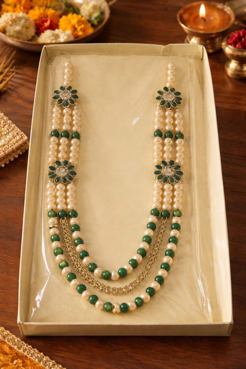 Elegant Multilayered Pearl & Green Bead Necklace with Floral Accents