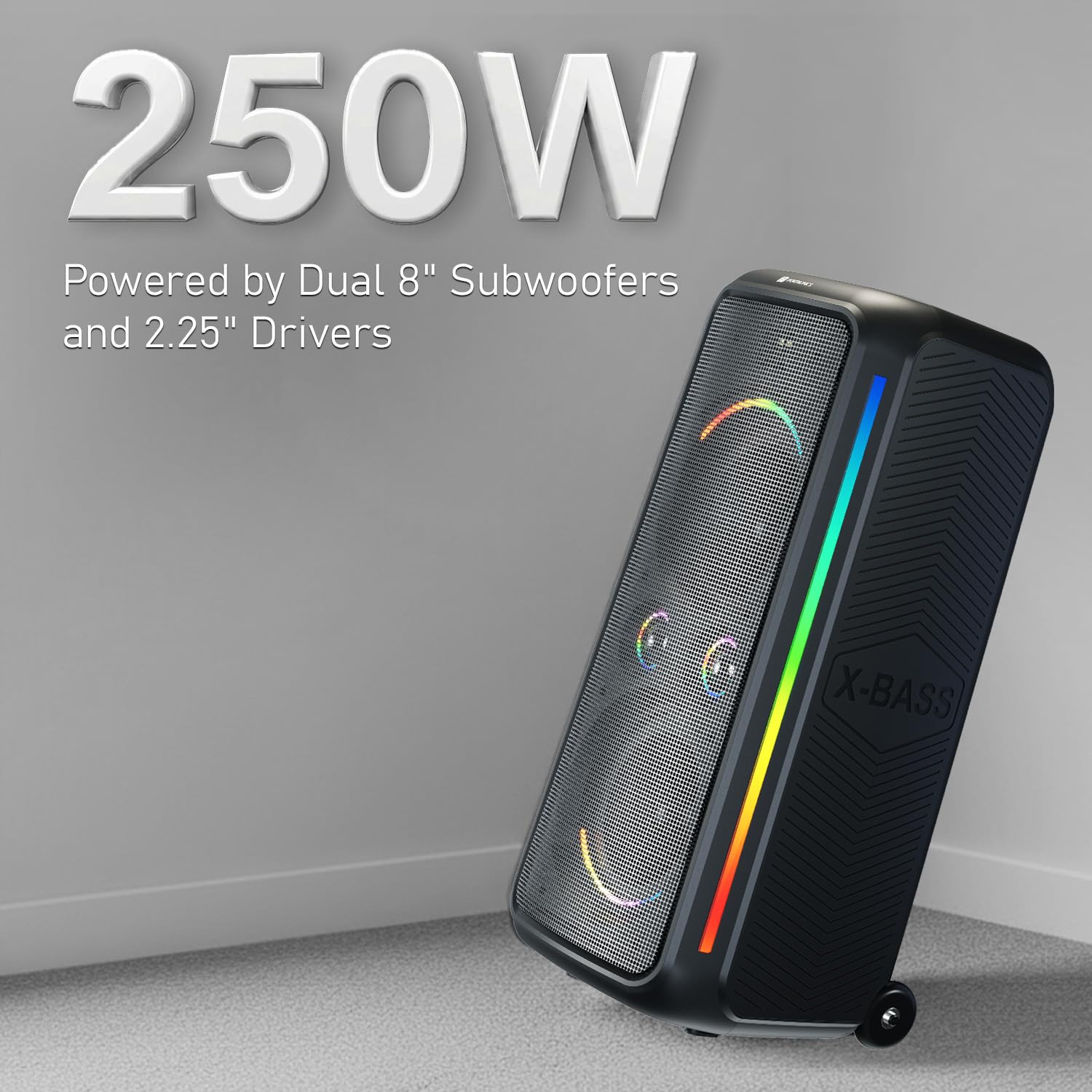 &nbsp;Portronics 250W Iron Beats 5 Prime Wireless Wheeled Party Speaker with Upto 6 Hours Playtime & Wireless Karaoke UHF Mic, Dual 8 Inch Subwoofer, Smiley LED Lights, Bass Boost Technology (Black)&nbsp;