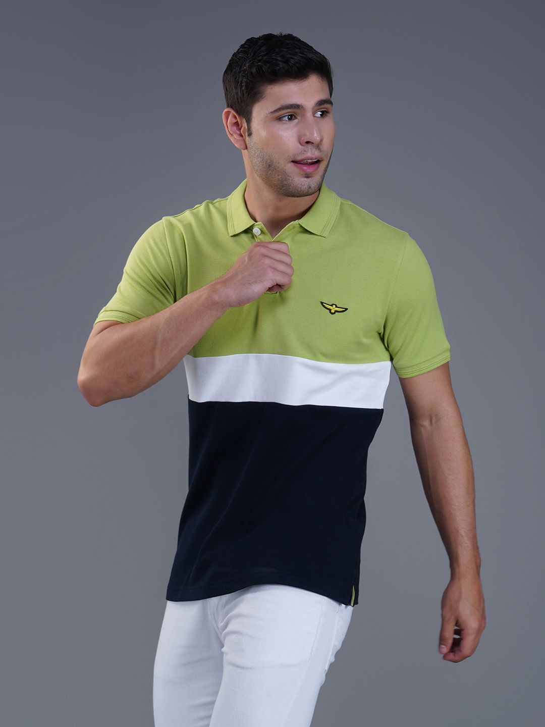 Men’s Premium Cotton Color Block Polo T-shirt Lime/White/Navy