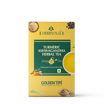 Golden Tips Turmeric Ashwagandha Herbal Tea, Natural Caffeine-Free Infusion with Lemongrass, Mulethi & Black Pepper, Ideal for Relaxation, Vitality & Immune Wellness Golden Tips Turmeric Ashwagandha Herbal Tea, Natural Caffeine-Free Infusion with Lemongrass, Mulethi & Black Pepper, Ideal for Relaxation, Vitality & Immune Wellness