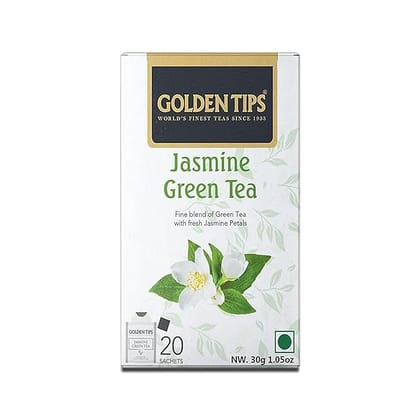 Golden Tips Finest Jasmine Green Tea, 20 Sachets, Naturally Sourced, No Additives, Light Color & Subtle Flavor, Individually Wrapped for Freshness, Soothing Aroma for Relaxation