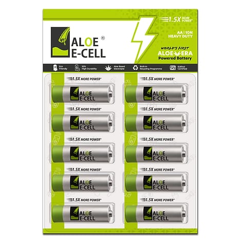 Aloe ECell Pack of 10 AA Batteries | 100% Eco-friendly | 20% Higher Durability | Leak Resistant | Non-Toxic | Suitable for Remotes, Toys, Clocks & Household Devices | Proudly Made in India