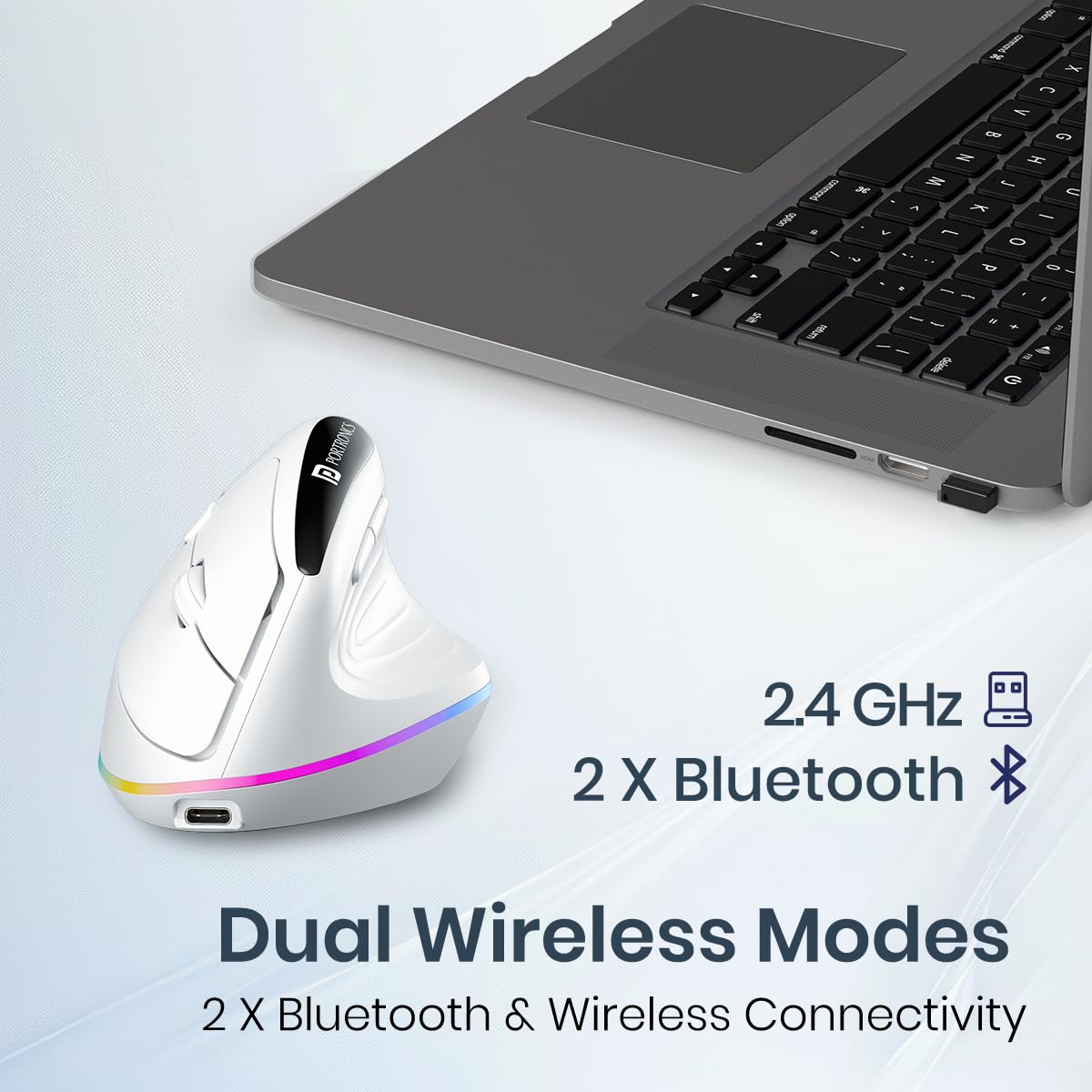 Portronics Toad Ergo 3 Ergonomic Wireless Mouse with RGB, 2400 DPI, Dual Mode BT & 2.4GHz Connectivity, Rechargeable Battery, 6 Buttons, Adjustable DPI, Silent Clicks&nbsp;