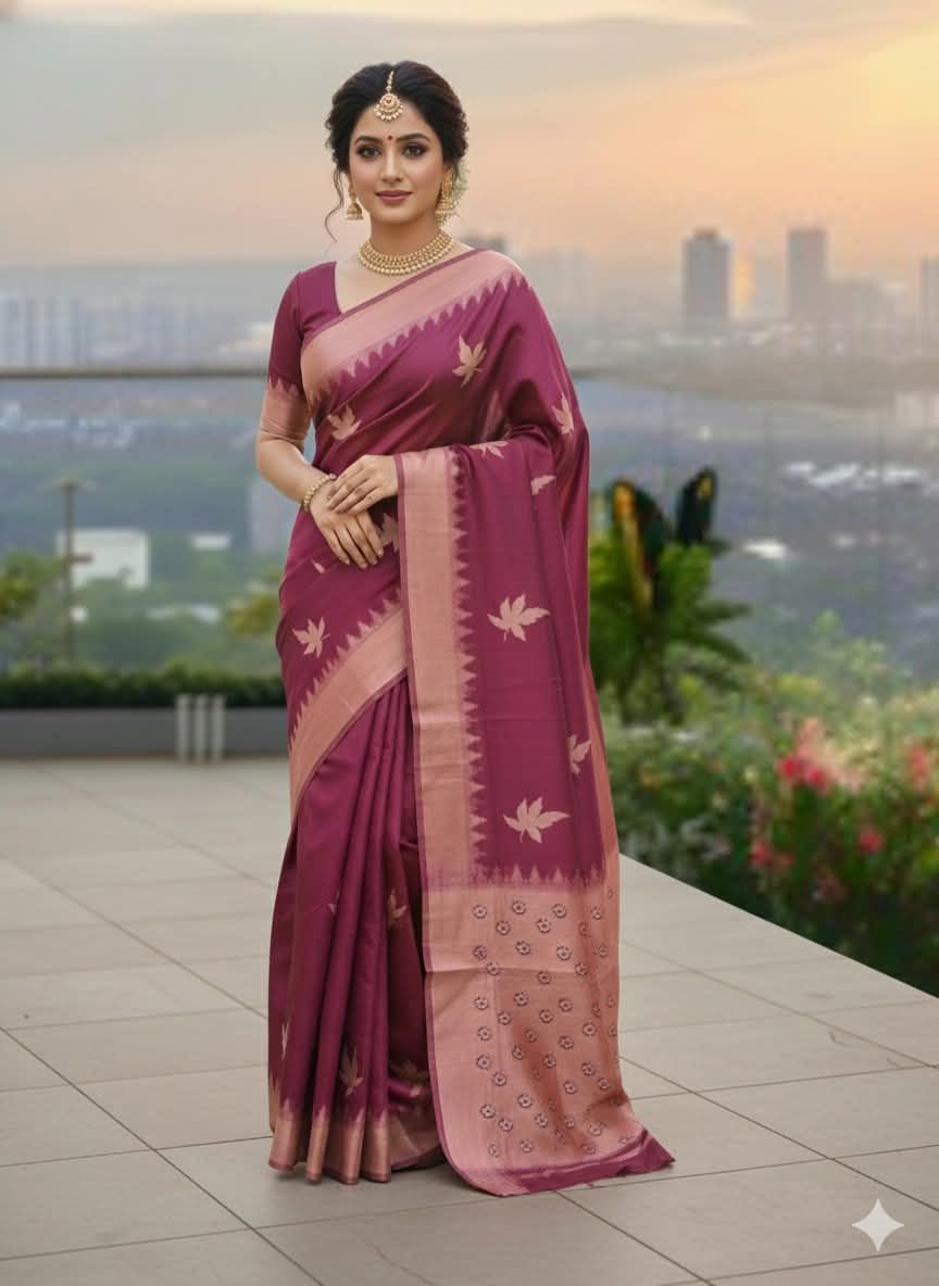 Elegant Wine Maroon Cotton Saree with Gold Leaf Motifs