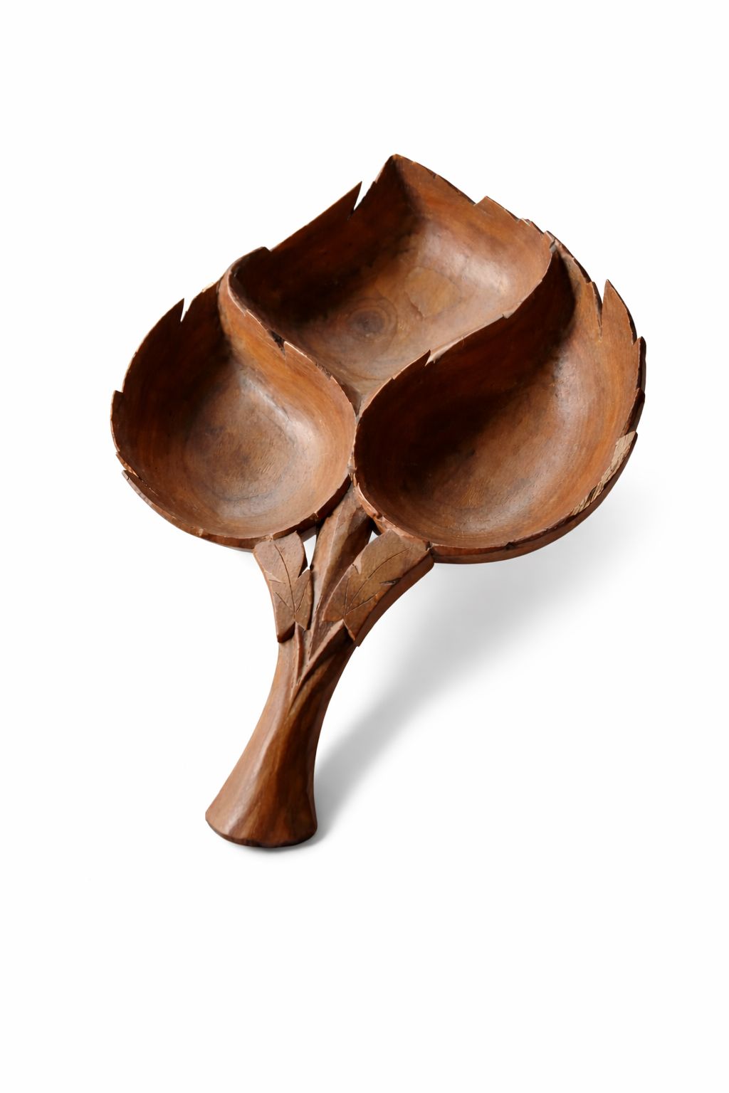 Hand-Carved Wooden Leaf-Shaped Triple Compartment Dry fruit Bowl