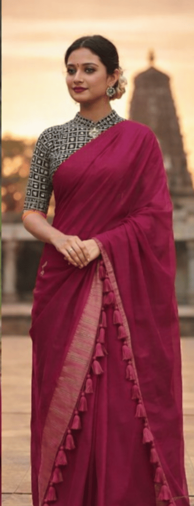 Hot Pink / Maroon Khadi Cotton Saree with Printed Blouse Piece & Tassels