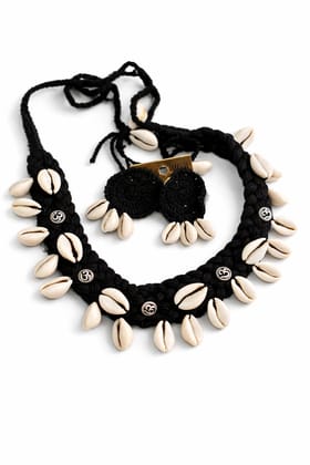 Black Braided Thread Cowrie Shell and Om Symbol Necklace & Earrings Set