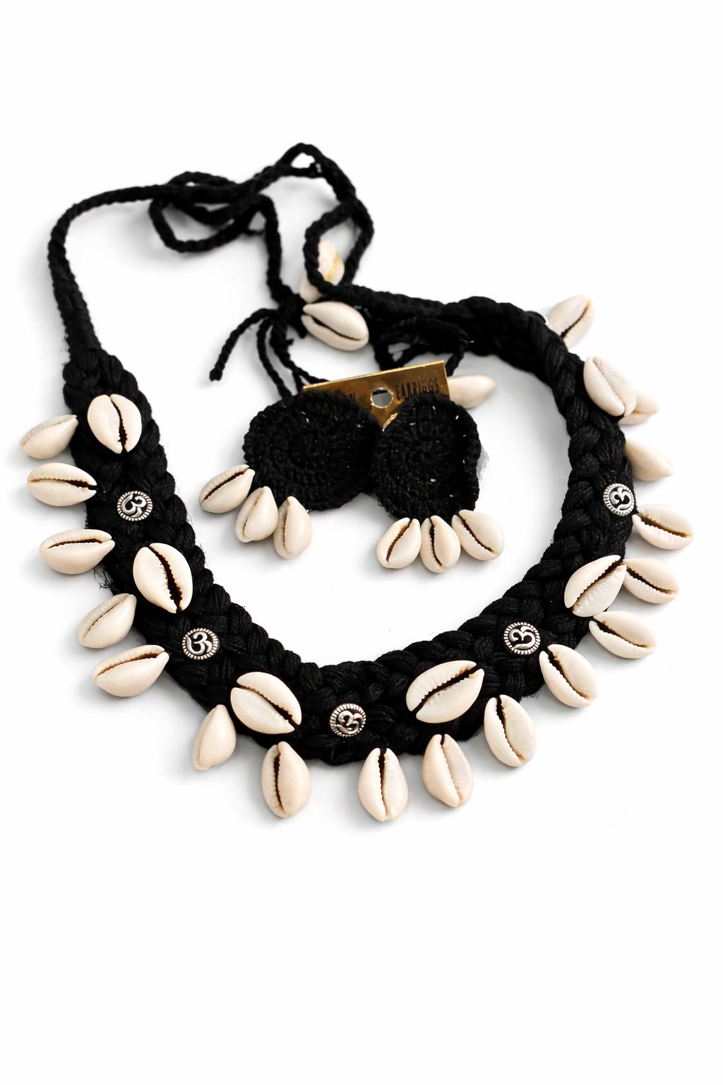 Black Braided Thread Cowrie Shell and Om Symbol Necklace & Earrings Set