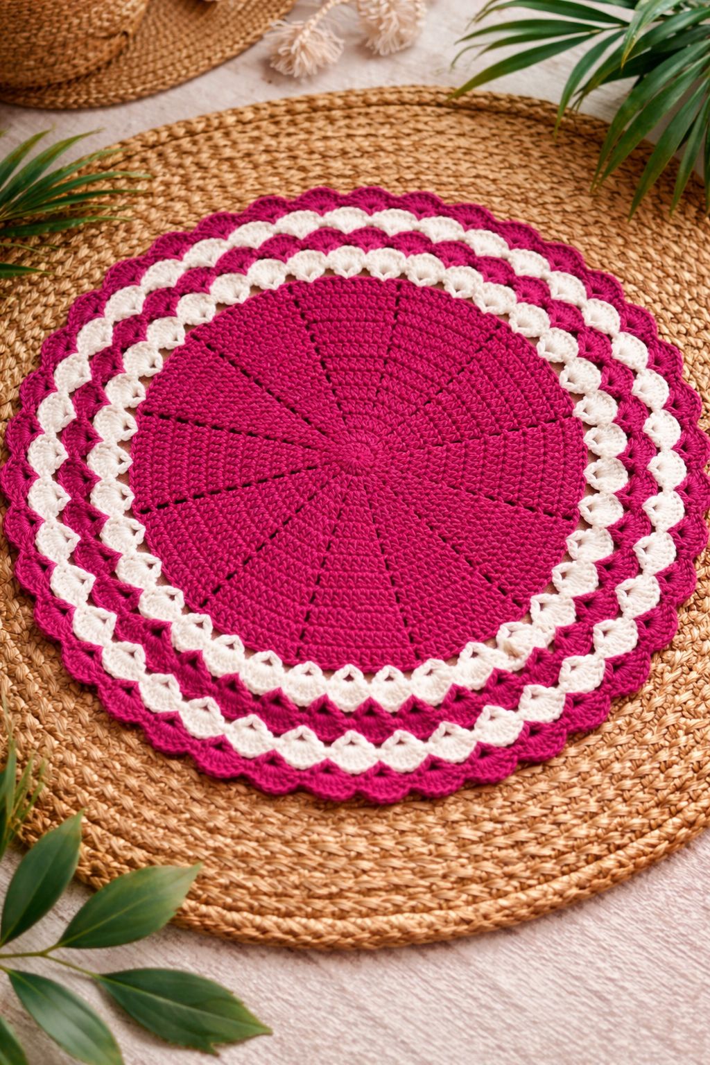 Handmade Dark Pink and White Crochet Round Doily