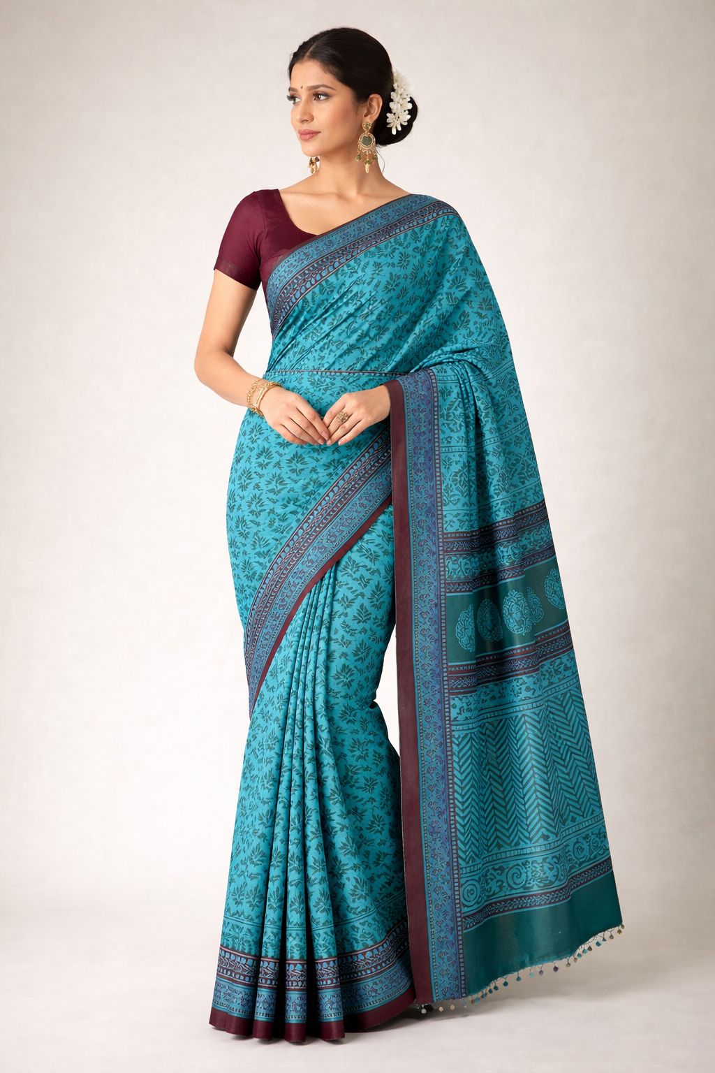 Teal Blue Hand Block Print Cotton Saree with Maroon Border