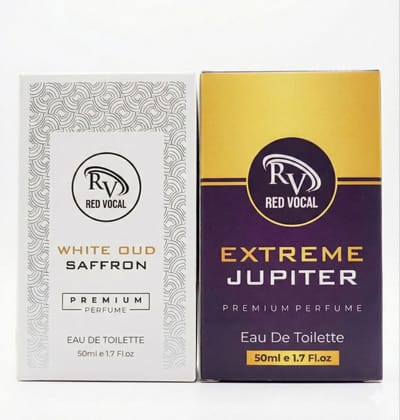 Red Vocal White Oud Saffron (Unisex) & Extreme Jupiter (Women) Premium Eau De Toilette Set – 2×50ml, Long-Lasting Luxury Fragrances