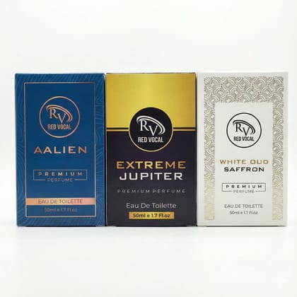 Red Vocal Aalien (Unisex), Extreme Jupiter (Women) & White Oud Saffron (Unisex) Premium Eau De Toilette Set – 3×50ml, Long-Lasting Luxury Fragrance Combo