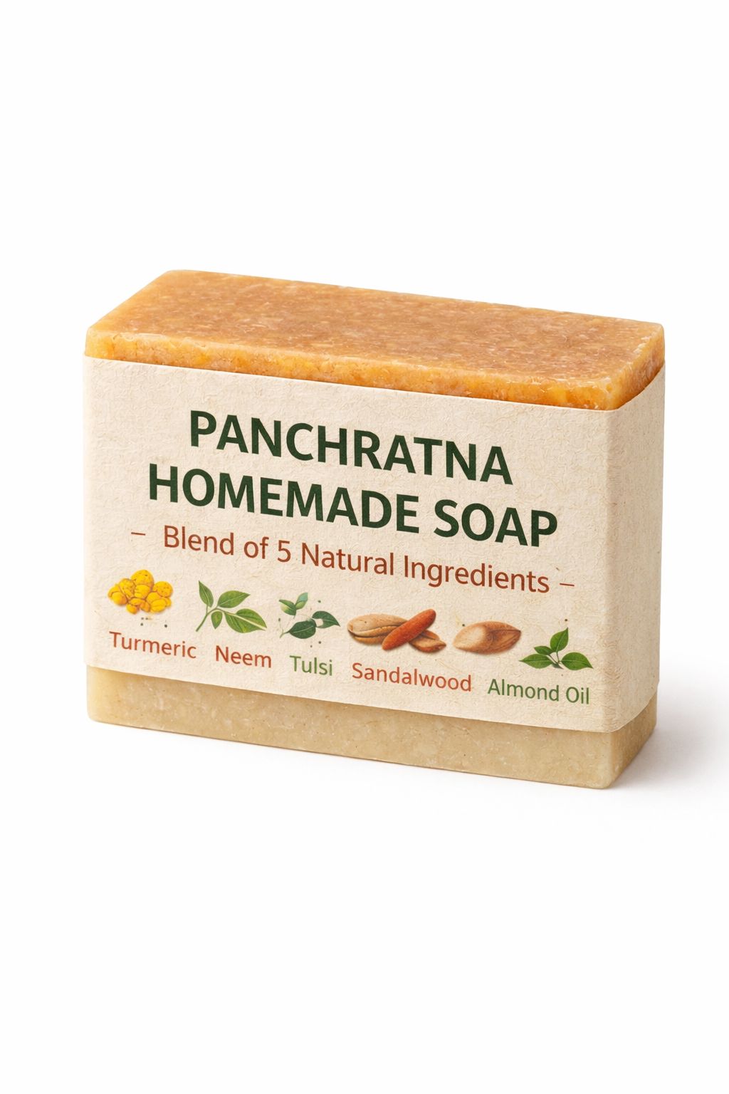 Panchratna Homemade Natural Soap with Turmeric, Neem, Tulsi, Sandalwood & Almond Oil