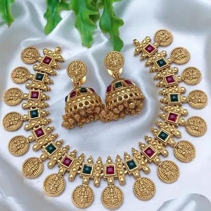 Traditional Gold-Plated Lakshmi Coin Haram Necklace Set with Jhumka Earrings