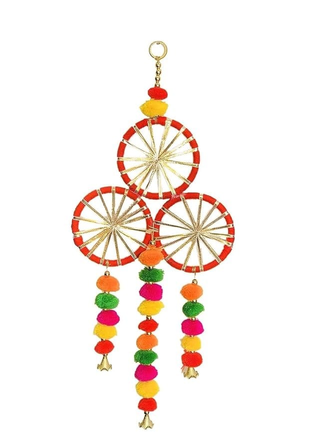 Vibrant Multi-Color Decorative Wall Hanging with Pom-Poms & Bells