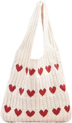 Knitted Off-White Heart Pattern Tote Bag for Women