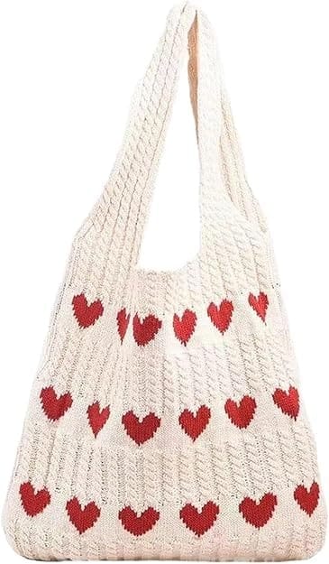 Knitted Off-White Heart Pattern Tote Bag for Women