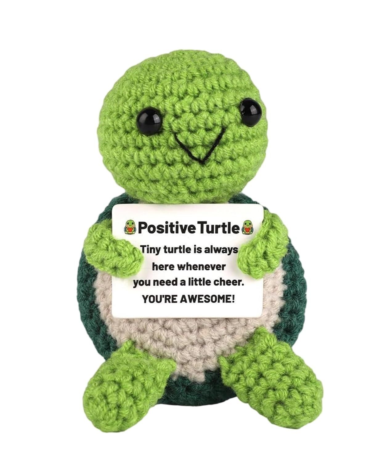 Positive Turtle Crochet Plushie with Uplifting Message - Handcrafted Mini Amigurumi Toy