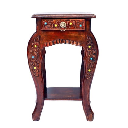 Hand-Carved Wooden Side Table with Drawer & Shelf, Floral Inlay