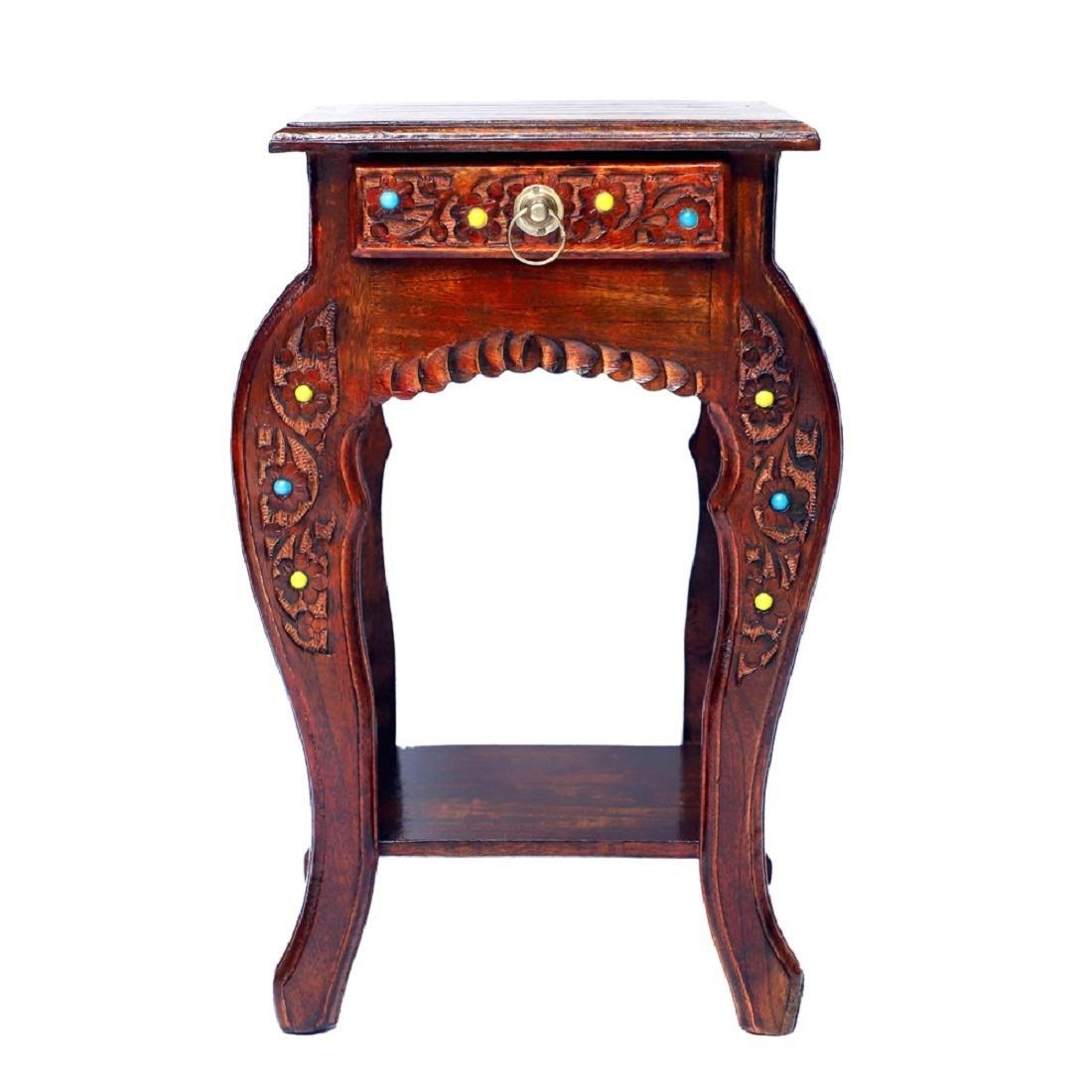 Hand-Carved Wooden Side Table with Drawer & Shelf, Floral Inlay